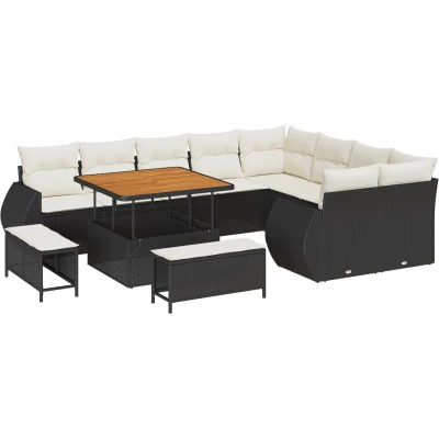 Afbeelding van vidaXL 12 delige tuinbank set met kussens zwart poly rattan acacia