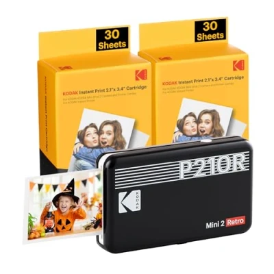 Afbeelding van KODAK Mini 2 Retro 4PASS mobiele fotoprinter (5,3 x 8,6 cm) pakket met 68 vellen, zwart