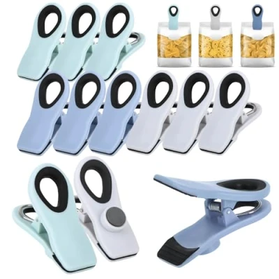 Afbeelding van COM FOUR® 12x sluitclips met magneet 7 cm, klemmagneten voor keuken, huishouden, kunststof clips klemfunctie tassen, sluiten, vershouden (12 stuks grijs + blauw mint)