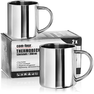 Afbeelding van COM FOUR® 2x RVS thermobekers 350 ml per mok dubbelwandige isolerende onbreekbare koffiemok thermische drinkbeker campingbeker vaatwasmachinebestendig (350ml)