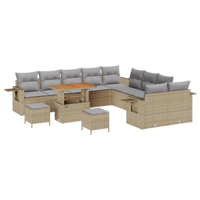 Afbeelding van vidaXL 13 delig Tuin Sofa Set met Kussens Beige Poly Rattan Acacia, 3 Eettafel Acacia