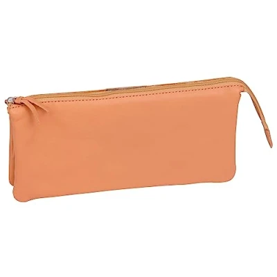 Afbeelding van Clairefontaine Ref 8441C Lederen platte etui met 3 vakken 21 x 10 cm groot Geschikt voor het opbergen en transporteren van potloden, pennen accessoires naturel