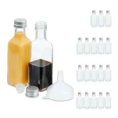Afbeelding van Relaxdays glazen flesjes, set van 20, 100 ml, mini flessen om te vullen, schroefdop &amp; kurk, olie, transparant/zilver