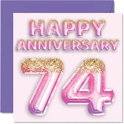 Afbeelding van Mooie 74e verjaardag kaart voor vrouw vriendin man vriend roze paarse glitter ballon Happy 74 kaarten van familie, 145 mm x wenskaarten vierenzeventigste jubilea
