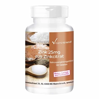 Afbeelding van Zink 25mg Zinkcitraat 180 hoge dosering tabletten voor 6 maanden Veganistisch en gemaakt in Duitsland Vitamintrend®