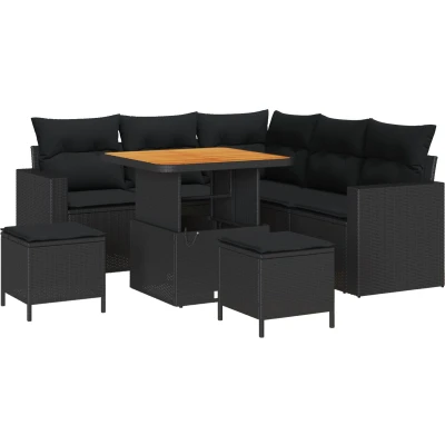 Afbeelding van vidaXL 8 delige Tuin Sofa Set met Kussens Zwart Poly Rattan Acacia, 3 Eet Acacia