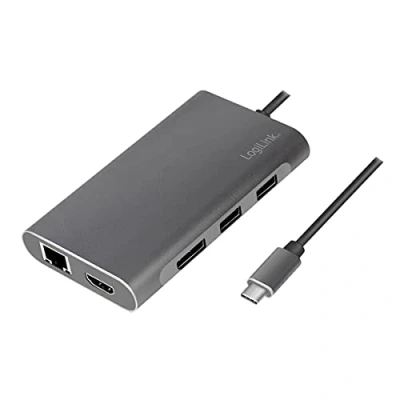 Afbeelding van LogiLink UA0382 USB 3.2 (Gen 1) dockingstation met 8 poorten en PD (Power Delivery) 100W, 1x C (PD) / 2X 3.0 2.0 HDMI DisplayPort RJ45 zilver