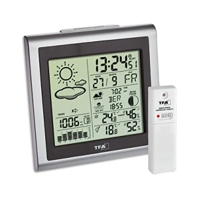 Afbeelding van TFA Dostmann Draadloze weerstation LARGO, 35.1145.54, binnentemperatuur en vochtigheid binnen buiten, weersverwachting met symbolen, zendergestuurde tijd, zilver, (L) 130 x (B) 60 (H) 132 mm