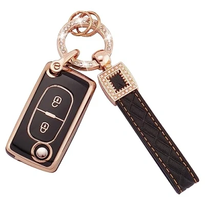 Afbeelding van Koaudb Autosleutelzakje Case Fit voor Peugeot 107 207 307 307S 308 407 607 807 5008 Citroen C2 C3 C4 C5 C6 C8 Xsara 2 Knoppen Flip Folding Key Shell met Lederen Sleutelhanger Lanyard (BP Pgt 2F)
