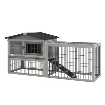 Afbeelding van PawHut Kleintierstall Kleintierkäfig mit Freigehege Meerschweinchenstall Freilaufgehege Winterfest Outdoor Tierstall Tannenholz Grau 150 cm x 52 68