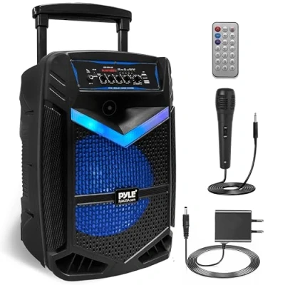 Afbeelding van Pyle Bluetooth Luidspreker, Draagbare speaker met Wielen, 800 W, Knipperende Lichten, Oplaadbare Partybox, Draadloos, Inclusief afstandsbediening, Stroomadapter en Bekabelde Microfoon