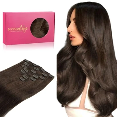 Afbeelding van Wennalife clip in extensies, echt haar, 55 cm, 120 g, 7 stuks, chocoladebruin, Remy haarverlenging, natuurlijk haar