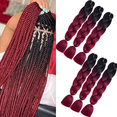 Afbeelding van Kanekalon Synthetisch Haar, Jumbo Vlechten Haar Uitbreiding, Ombre Vlecht Uitbreiding 24&quot;,Kanekalon Uitbreidingen Voor Haak Twist (24inch, Zwart/Wijnrood)