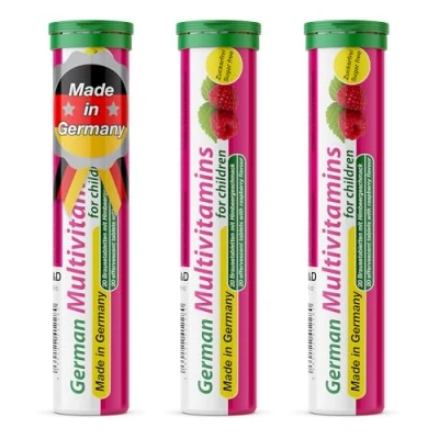 Afbeelding van German Multivitamine voor kinderen, 60 stuks, zoete frambozensmaak, veganistisch, suikervrij, vitamine C, E, B1, B2, B6, B12, foliumzuur, niacine, T&amp;D Pharma, Made in Germany