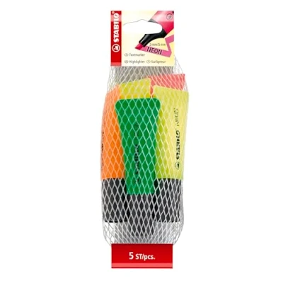 Afbeelding van Tekstmarkeerstift STABILO NEON 5 stuks groen, oranje, roze, 2 x geel