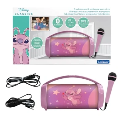 Afbeelding van Lexibook, Disney Stitch, Engelheldere draadloze luidspreker met microfoon, Stereogeluid, Karaokefunctie, USB en SD kaartpoorten, Oplaadbare batterij, Draaggreep, Roze, BTP585D1Z