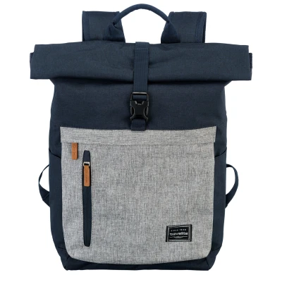 Afbeelding van travelite Handbagagerugzak met laptopvak 15,6 inch, bagagereeks BASICS dagrugzak oprolbaar praktische rugzak oprolfunctie, 60 cm, 35 liter, 800 gram, blauw/grijs