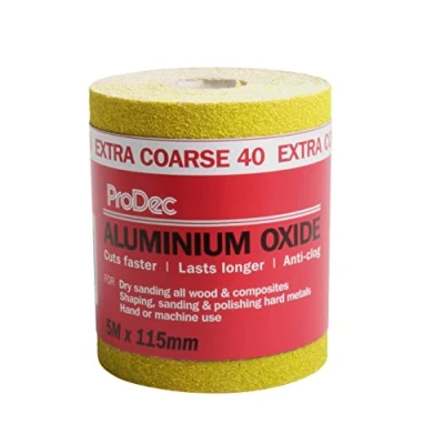 Afbeelding van ProDec 5 m rol 40 korrel extra grof geel aluminiumoxide schuurpapier voor het schuren van hout, verf, gips, vulmiddel, metaal en meer, 115 mm breed compatibel met machineschuurmachines