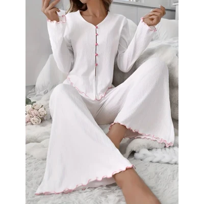 Afbeelding van pyjama set sexy nachtkleding lounchewear dames huispak wit satijn
