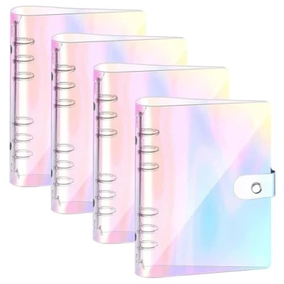 Afbeelding van Navulbaar ringband, A5, 4 stuks, notitieboek, transparant, regenboogringband, zachte pvc omslag, 6 ringen, navulbaar, gaten, notitiepapier
