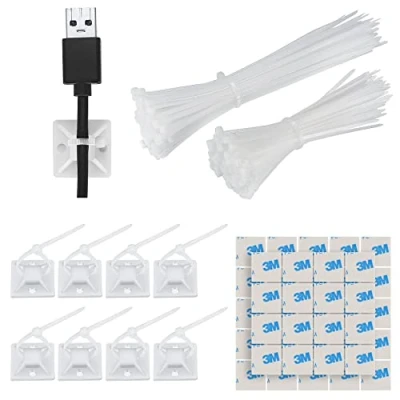Afbeelding van 200 stuks kabelbinders met 100 0,9 inch x zelfklevende basishouder (wit) kabelclips sterke pads kabelklem set houder kabelhouder voor thuis en op kantoor