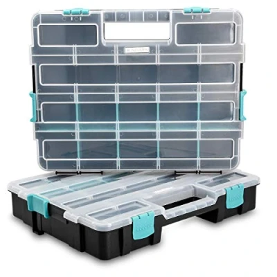 Afbeelding van Navaris organizer Stapelbare opbergdoos Set van 2 Met verdelers en compartimenten Schroevendoos 37,5 x 29 13,4 cm Zwart Wit