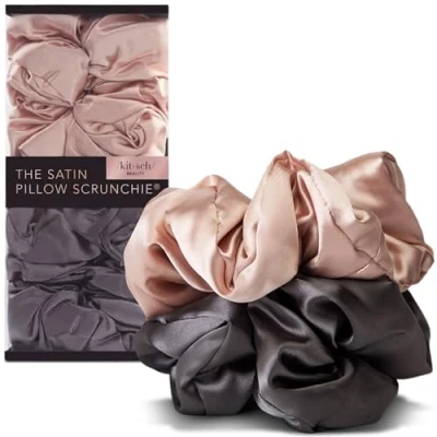 Afbeelding van Kitsch Satijnen kussen Scrunchies, haaraccessoires, voorkomt kroezen en breuk, ideaal voor &#039;s nachts gebruik, paardenstaarten broodjes, up dos vlechten, alle haartypes, 2 tellen (Blush/houtskool)