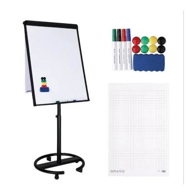 Afbeelding van BRASQ Flipover Verrijdbaar Deluxe 70x100 cm Verstelbaar Whiteboard Inclusief 25 vellen papier en accessoires met Uitschuifbare Armen Magnetisch bord Haken Magneetbord Zwart