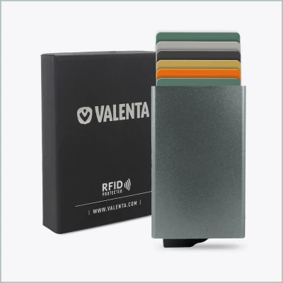 Afbeelding van Valenta Pasjeshouder Uitschuifbare Grijze Kaarthouder met RFID Bescherming &amp; Handig Easy Out Systeem Aluminium Ruimte voor 7 Pasjes