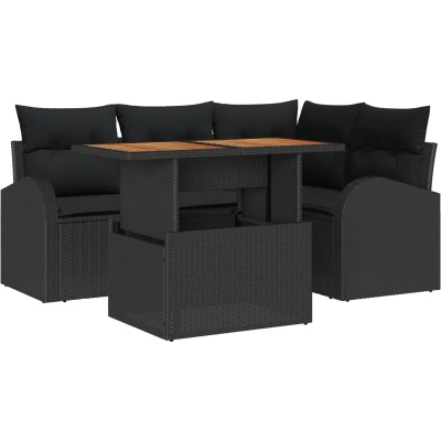 Afbeelding van vidaXL 5 delige tuin eetset met kussens Zwart Poly Rattan Acacia