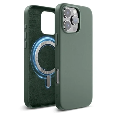 Afbeelding van elago Magnetische Leren Hoesje Compatibel met iPhone 16 Pro Max Case, alle MagSafe accessoires Ingebouwde Magneten, Veganistisch Leer, Schokbestendig (Middernachtgroen)