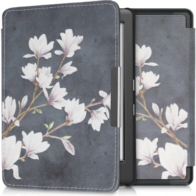 Afbeelding van kwmobile e reader hoesje compatibel met Kobo Glo HD/Touch 2.0 Magneetsluiting Ereader case Magnolia in taupe/wit/donkergrijs