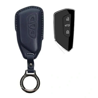 Afbeelding van kwmobile leren autosleutel hoesje geschikt voor VW Golf 8 3 knops Als sleutelhanger met sleutelring Echt leer in donkerblauw