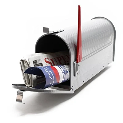 Afbeelding van Amerikaanse brievenbus, Zilver Grijs gecoat; usmailbox, usa mailbox, Brievenbus op paal, straatbrievenbus. US met vlaggetje Multistrobe
