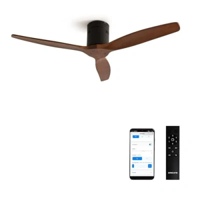 Afbeelding van CREATE Plafondventilator 40W silent Ø132 cm Met Wifi Afstandsbediening 6 Snelheden Timer Zomer/Winter functie Zwarte motor, donkerhouten bladen WIND CALM