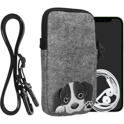 Afbeelding van kwmobile Tasje voor smartphones L 6,5&quot; Hoesje van vilt in grijs / zwart Phone case met nekkoord Nieuwsgierige Hond design