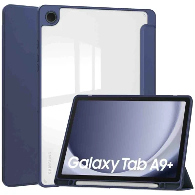 Afbeelding van Samsung Galaxy Tab A9 Plus Hoes: iMoshion Trifold Hardcase Bookcase Shockproof/Valbescherming Bookcase,Hardcase Donkerblauw Kunststof Tablet