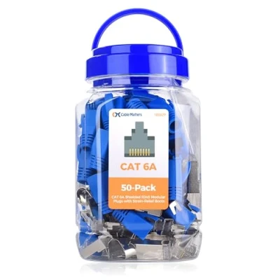 Afbeelding van Cable Matters 50 Pack Cat6A RJ45 Afgeschermde Modulaire Stekkers met Trekontlastende Laarzen/Cat 6A
