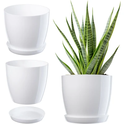 Afbeelding van Kadax bloempot, plantenpot met onderschotel, ronde bloempot voor binnenshuis, elegante sierpot van kunststof, bloemen en planten, lichtgewicht (Ø 16 cm, wit)