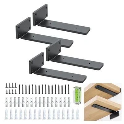 Afbeelding van plankhouders 15 cm (0,5 cm) dik, 4 stuks zwevende verborgen wandhoeken, rustieke industriële met moderne ijzeren afwerking, zwart