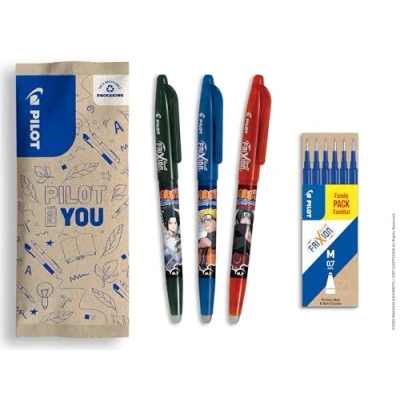 Afbeelding van PILOT x Naruto FriXion Ballenset met 3 balpennen, zwart, blauw, rood + 1 set 6 blauwe vullingen uitwisbare stiften Shipudden Limited Edition navulbare balpen blauw medium punt