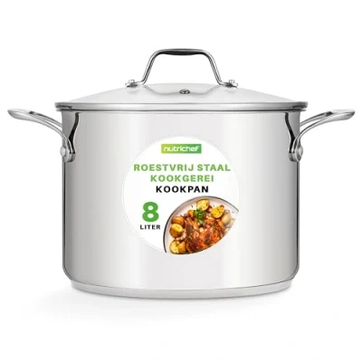 Afbeelding van NutriChef 8 Quart Stainless Steel Stock Pot 18/8 Food Grade Heavy Duty Induction Pot, Stew Simmering with See Through Lid, Dishwasher Safe NCSP8