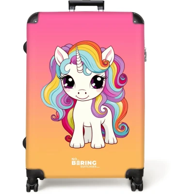Afbeelding van NoBoringSuitcases.com® Koffer groot Reiskoffer lichtgewicht Witte eenhoorn illustratie met kleurrijke manen Rolkoffer 4 wielen Grote trolley XL 98 liter bagage