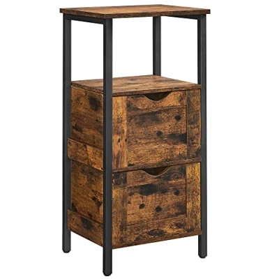 Afbeelding van VASAGLE badkamervloerkast, slanke opbergkast voor badkamer, met 2 laden, open compartiment, ruimtebesparend, 37 x 30 80 cm, rustiek bruin en zwart BBK151B01