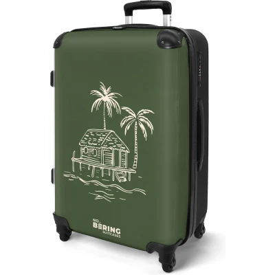Afbeelding van NoBoringSuitcases.com® Koffer groot Rolkoffer lichtgewicht Groen met beige strandhuis Reiskoffer 4 wielen Grote trolley XL 20 kg bagage