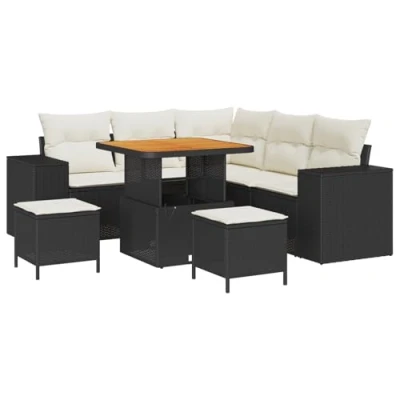 Afbeelding van vidaXL 8 delige Tuin Sofa Set met Kussens Zwart Poly Rattan Acacia, 3 Eet Acacia