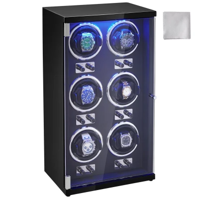 Afbeelding van Horlogeopwinder voor 6 Automatische Horloges, Superstille Japanse Mabuchi Motoren, Blauw Led Licht en Adapter, Plaatstalen Behuizing met Hoge Dichtheid Zwarte Pu Afwerking
