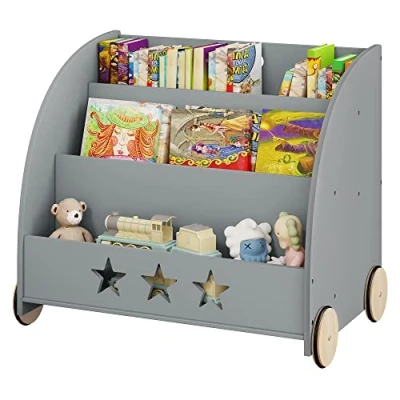 Afbeelding van WOLTU Kinderrek, boekenrek voor kinderen, speelgoedrek met wielen, 3 planken, houten staand rek, kinderkamerrek, multifunctionele organizer (grijs)