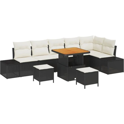 Afbeelding van vidaXL 9 delige Tuin Sofa Set met Kussens Zwart Poly Rieten Acacia