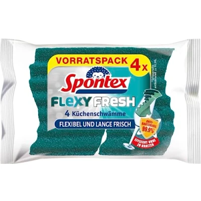 Afbeelding van Spontex Flexy Fresh x4, de efficiënte reinigingsspons met antibacteriële bescherming, flexibel, lang fris, krasvrij, 1 x 4 stuks
